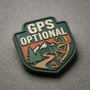 May include: A dark green shield-shaped patch featuring the text GPS OPTIONAL in cream letters. The design includes a winding path, green pine trees, white mountain peaks, a small campfire, and a compass rose in shades of orange and tan.