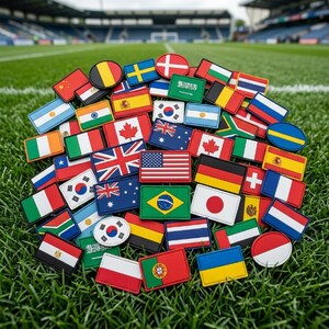 May include: A collection of rectangular and oval patches featuring flags from various countries, including the United States, Brazil, Japan, and the United Kingdom. The patches are arranged on a bed of green grass, with a stadium visible in the background.
