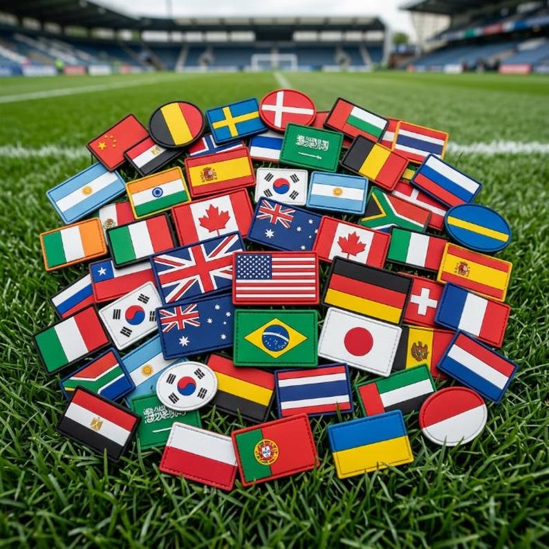May include: A collection of rectangular and oval patches featuring flags from various countries, including the United States, Brazil, Japan, and the United Kingdom. The patches are arranged on a bed of green grass, with a stadium visible in the background.