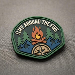 May include: A dark green, shield-shaped morale patch featuring a central campfire graphic with orange and yellow flames, flanked by green pine trees and blue mountains. Below the fire is a tan compass rose. The text LIFE AROUND THE FIRE is arched.