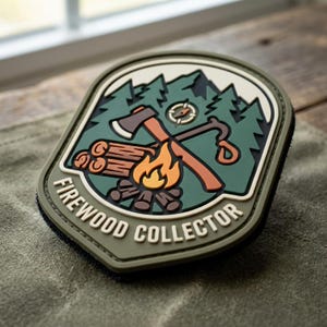 May include: A shield-shaped morale patch in olive green, featuring a graphic of a campfire, an axe, a compass, and pine trees. The text FIREWOOD COLLECTOR is embossed in white along the bottom edge of the patch, which has a raised rubber texture.