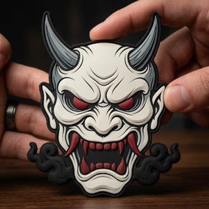 May include: A white, black, and red Oni mask patch with gray horns and menacing red eyes. The patch features sharp fangs and black smoke-like accents. The patch is held between two hands.