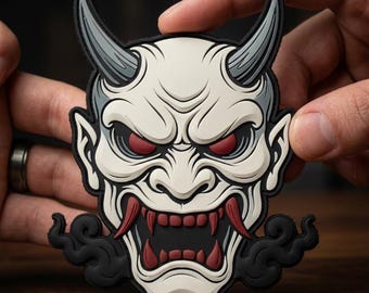 PATCH PVC White Oni Hannya Mask Tactical Morale Patch for Backpack Jacket, Japanese Demon Badge Hook and Loop Gear, Cool Gift for Men