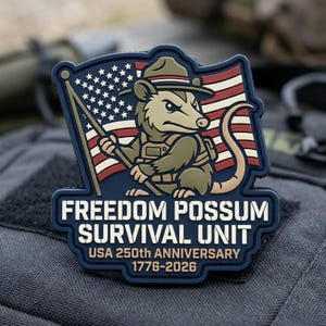 May include: A patch featuring a cartoon opossum in military attire holding an American flag. The text reads "FREEDOM POSSUM SURVIVAL UNIT" and "USA 250th ANNIVERSARY 1776-2026". The patch has a blue, red, brown, and tan color scheme.