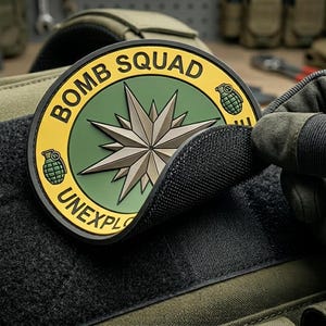 May include: A round patch with the words "BOMB SQUAD" and "UNEXPL" in yellow text. The patch features a compass rose design in the center and two green grenade icons. The patch is being attached to a green tactical vest.