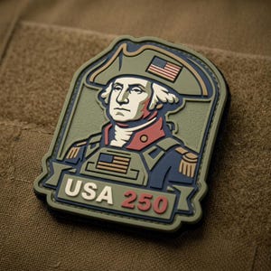 May include: A patch featuring a portrait of George Washington in a tricorn hat, with the American flag and the text "USA 250". The patch has a green, red, blue, and white color scheme. The patch is rectangular with a curved top.