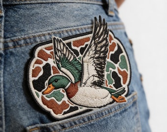 Flying Mallard Duck Embroidered Patch | Camo Wildlife Iron On Applique