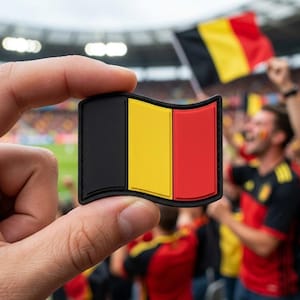 May include: A black, yellow, and red Belgian flag patch is held up in front of a crowd of cheering fans. The patch is rectangular with a curved top edge. The background shows a stadium and people waving flags.