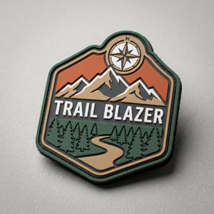 May include: A hexagonal rubber patch featuring a mountain landscape with a compass icon at the top. The design includes a winding path through a forest of pine trees, with the text TRAIL BLAZER in white capital letters across the center.