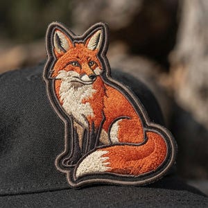 May include: A black baseball cap featuring a detailed embroidered patch of a sitting fox. The fox is rendered in shades of orange, white, and dark brown, with a thick dark brown border outlining the shape of the animal against the black fabric.