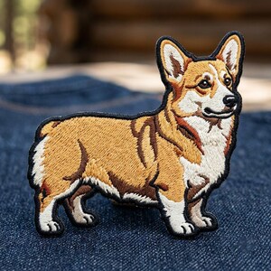 May include: An embroidered patch featuring a Corgi dog in profile, rendered in shades of golden tan, white, and dark brown. The design is outlined with a thick black border, capturing the dog's pointed ears, alert expression, and short-legged stance.