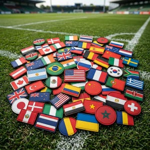 May include: A collection of colorful flag patches from various countries, including the United States, Brazil, and Japan, are arranged on a green grassy field. The patches are rectangular and circular, with detailed designs and vibrant colors.