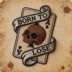 May include: An embroidered patch featuring an ace of spades playing card with a brown skull centered on it. A light-colored ribbon banner wraps around the card with the black text BORN TO LOSE. The design has a black border and detailed stitching.