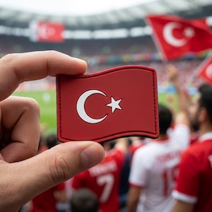May include: A red patch featuring the Turkish flag, held up in front of a crowd. The flag has a white crescent moon and star on a red background. Other Turkish flags are visible in the background, along with people wearing red and white.