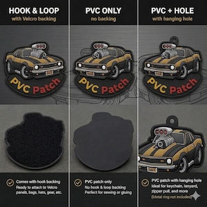 May include: Three PVC patches with a car design. The first has hook and loop backing, the second has no backing, and the third has a hanging hole. Each patch features a yellow and black car with the text "PVC Patch".