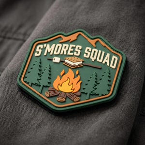 May include: A shield-shaped rubber patch featuring a green mountain background, pine trees, a campfire with brown logs, and a s'more on a stick. The text S'MORES SQUAD is printed in bold cream-colored letters across the top of the design.