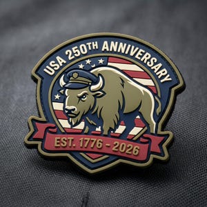 May include: A patch commemorating the USA's 250th anniversary. The design features a bison wearing a hat, set against a backdrop of the American flag. The text reads "USA 250th Anniversary" and "EST. 1776-2026". The patch has a blue, red, and gold color scheme.