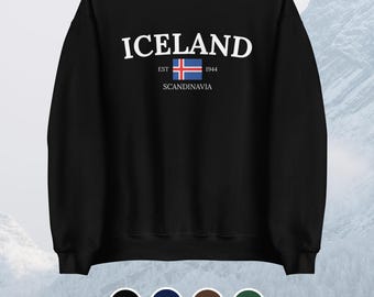 Sudadera unisex minimalista de Islandia: inspirada en la tranquilidad islandesa. Cuello redondo/suéter con la bandera de Islandia.
