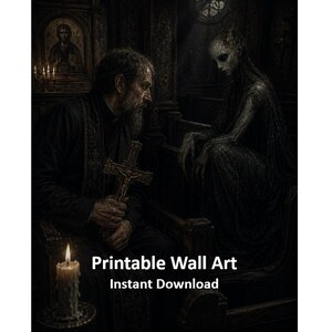 Könnte beinhalten: Dunkler, gotischer Kunstdruck mit einem Priester, der ein Kruzifix hält, und einer geisterhaften Gestalt. Das Bild ist überwiegend dunkel, mit einer Kerze und dem Text "Printable Wall Art Instant Download."
