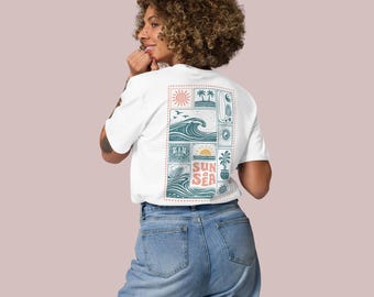 maglietta in cotone biologico, maglietta vintage Surf Nature, top unisex Wave Ocean, maglietta esclusiva con sole
