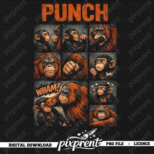 May include: Black graphic with nine panels showing orangutans and monkeys in different poses. The word "PUNCH" is in orange at the top. One panel includes the word "WHAM!" in a speech bubble. Digital download.