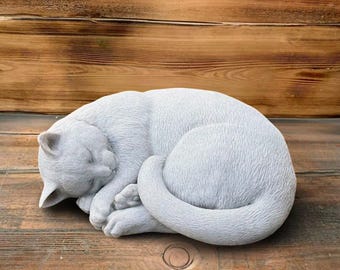 Concrete curled cat statue Stone sleeping cat figurine Cement garden decor White kitten sculpture Yard art Pet memorial Cat lover gift