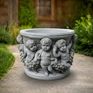 Betonnen cherubijn tuinplantenbak, cherubijn bloempot, tuindecoratie, stenen engel plantenbak, klassiek tuinbeeld, terras- en tuinornamenten