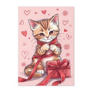 Puede incluir: Ilustración de un gatito atigrado envuelto en una cinta roja, sentado junto a una caja de regalo roja con un lazo. El fondo es rosa claro con corazones y diseños florales.