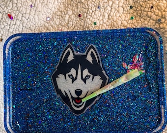 Bandeja para liar de resina azul con purpurina, regalo para amantes de los perros husky, accesorios para fumar hechos a mano