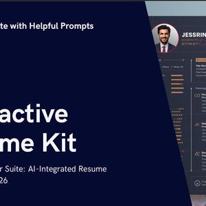 Könnte beinhalten: Dunkelblaue Grafik mit dem Text "Interactive Resume Kit" und "Next-Gen Career Suite: AI-Integrated Resume Template for 2026." Auf der rechten Seite ist eine Lebenslaufvorlage mit einem Kopfbild und Lebenslaufdetails zu sehen.