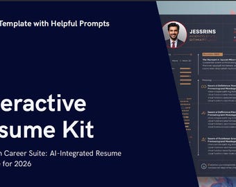 May include: A dark blue graphic with the text "Interactive Resume Kit" and "Next-Gen Career Suite: AI-Integrated Resume Template for 2026." A resume template is visible on the right side, with a headshot and resume details.