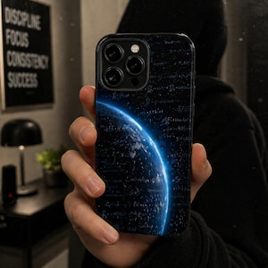 May include: Black smartphone case featuring a blue and white planet design with a glowing blue edge. The case is covered in mathematical equations. The phone case is held in a person's hand. The background includes a sign that says "DISCIPLINE FOCUS CONSISTENCY SUCCESS."