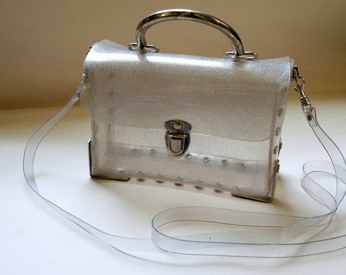 Hot VINTAGE JELLY BAG 80s Transparent Clear Box Purse With Silver Studs