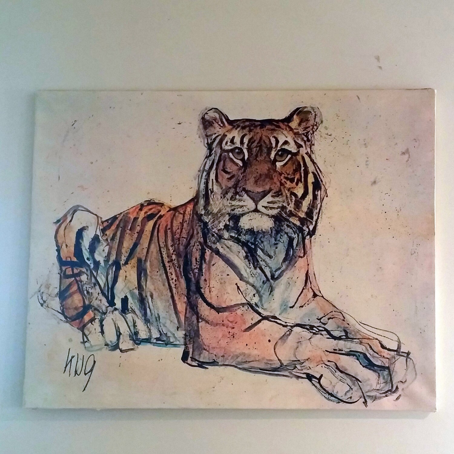 VINTAGE TIGER ART Mid Century Lithograph on Canvas Artist Etsy