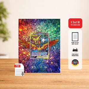 May include: A framed print featuring a Pokémon trading card with a colorful stained-glass background. The card depicts a golden bird with outstretched wings. The print includes the text "TAG TEAM" and "Legenden der Lüfte GX". The print is available as a PDF download.