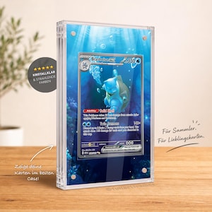 Könnte beinhalten: Ein magnetischer Aufsteller aus klarem Acryl mit einer Blastoise ex Sammelkarte. Die Karte zeigt ein blaues Wasser-Pokémon mit 330 KP, der Fähigkeit Solid Shell und der Attacke Twin Cannons. Das Gehäuse hat vier silberne Magnete.