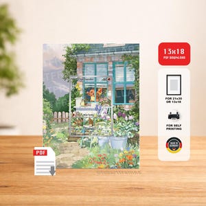 May include: A digital print featuring a charming garden scene with a house, flowers, and a card that says "Charmander". The print is available as a PDF download for self-printing in 13x18 inches or 21x30 inches.