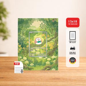 May include: A framed print featuring a Pokemon card with a cartoon owl character, set against a green forest backdrop. The frame includes text indicating it's a PDF download, available in 13x18 inches. Additional text indicates it's for self-printing.