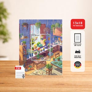 Könnte beinhalten: Ein digitaler Kunstdruck mit einer skurrilen Innenszene mit Küche und Tisch mit Pflanzen. Eine gerahmte Karte mit dem Namen "Bisasam" befindet sich im Vordergrund. Der Druck enthält den Text "13x18 PDF DOWNLOAD" und "FOR SELF PRINTING".
