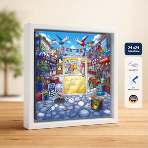 May include: A white square frame containing a colorful illustration of a bustling city street filled with various Pokémon characters. A central Pokémon trading card featuring Pikachu is displayed within the artwork. The frame includes a 24x24 label, magnetic closure, and UV protection features.