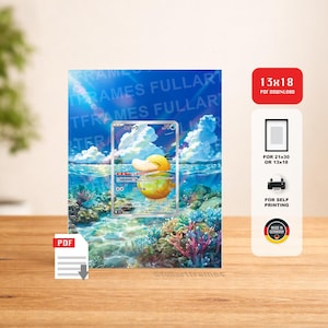 Könnte beinhalten: Ein gerahmter Druck mit einer Pokémon-Karte mit einem gelben, entenähnlichen Wesen im Wasser. Der Hintergrund zeigt eine lebendige Unterwasserszene mit Korallen und blauem Himmel. Auf dem Rahmen steht "FRAMES FULLART".