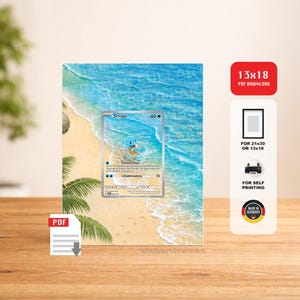 Könnte beinhalten: Ein gerahmter Druck mit einer Pokémon-Sammelkarte mit dem Charakter Schiggy auf einer Strandszene. Der Druck enthält den Text "Schiggy" und "60". Zusätzlicher Text weist darauf hin, dass es sich um einen PDF-Download handelt, der in 13x18 cm oder 21x30 cm erhältlich ist und in Deutschland hergestellt wurde.