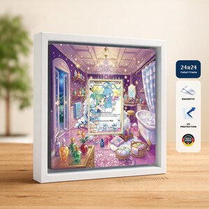 Könnte beinhalten: Ein weiß gerahmtes Kunstwerk mit einer farbenfrohen Illustration einer Badezimmerszene mit einer Pokémon-Karte in der Mitte. Der Rahmen ist mit "24x24" beschriftet und enthält Text, der magnetischen und UV-Schutz anzeigt. Das Kunstwerk steht auf einer Holzoberfläche.