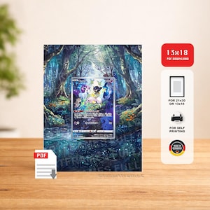 Op de afbeelding: Een digitale kunstdruk met een fantasietoneel met een Pokémon-verzamelkaart op de voorgrond. De kaart toont kleurrijke personages tegen een achtergrond van een bos en een beek. De afdruk bevat de tekst "13x18 PDF DOWNLOAD".