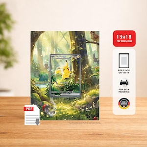 Könnte beinhalten: Ein gerahmter Druck mit einer Pikachu-Sammelkarte vor einem lebendigen Waldhintergrund. Die Karte zeigt einen gelben Pikachu-Charakter mit dem Text "Thunderbolt". Zusätzlicher Text lautet "13x18 PDF DOWNLOAD" und "FOR SELF PRINTING".