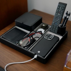 NightStand Organizer with RFID Box AntiTheft Key Box, Valet trey. Phone charging station, wallet, glasses, watch storage. Gifts for men
