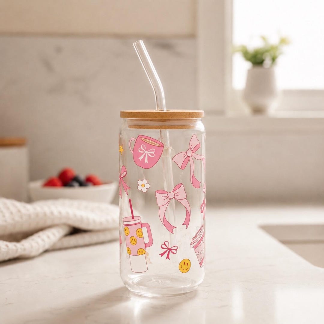 Pink Coquette Glass Tumbler | 16 Oz Cute Iced Coffee Cup With Bamboo ...