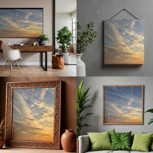 Puede incluir: Varias obras de arte enmarcadas que representan una escena del cielo con nubes y estelas de condensación. El arte se muestra en diferentes entornos, incluyendo una sala de estar y una oficina. Los marcos varían en estilo.
