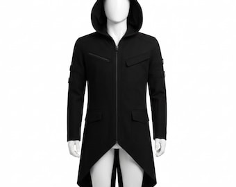 Hooded Cyberpunk Trench Coat | Gothic Techwear, Futuristic Style
