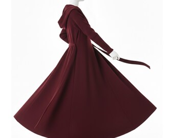 Burgundy Gothic Victorian Coat | Long Tie Belt Overcoat